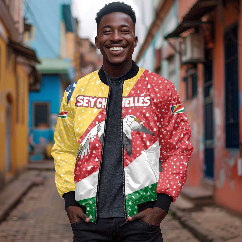 Seychelles Christmas Bomber Jacket Flag Colors Tropical Bird Motif and National Coat of Arms - African Pride