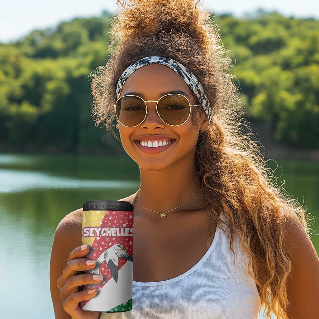 Seychelles Christmas 4 in 1 Can Cooler Tumbler Flag Colors Tropical Bird Motif and National Coat of Arms - African Pride