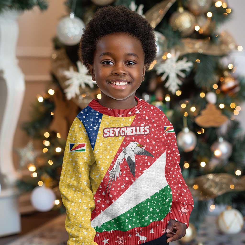 Seychelles Christmas Kid Ugly Christmas Sweater Flag Colors Tropical Bird Motif and National Coat of Arms - African Pride