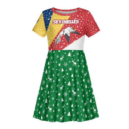 Seychelles Christmas Kid Short Sleeve Dress Flag Colors Tropical Bird Motif and National Coat of Arms - African Pride