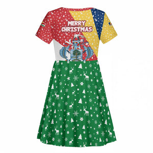 Seychelles Christmas Kid Short Sleeve Dress Flag Colors Tropical Bird Motif and National Coat of Arms - African Pride