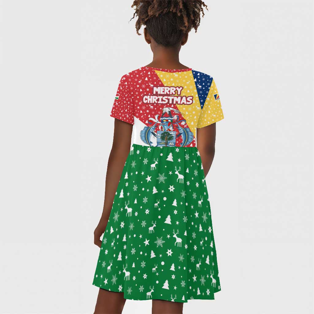 Seychelles Christmas Kid Short Sleeve Dress Flag Colors Tropical Bird Motif and National Coat of Arms - African Pride