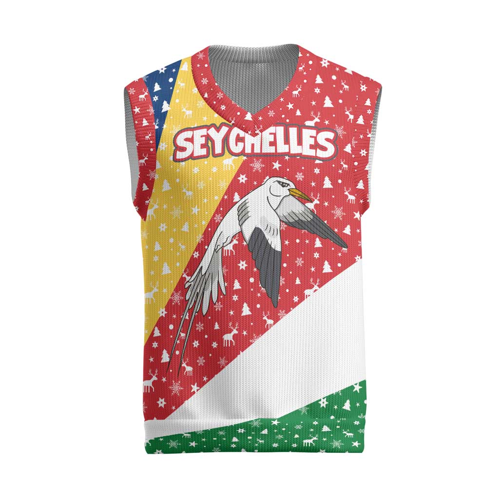 Seychelles Christmas Knitted V-Neck Vest Flag Colors Tropical Bird Motif and National Coat of Arms - African Pride