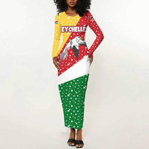 Seychelles Christmas Long Sleeve Bodycon Dress Flag Colors Tropical Bird Motif and National Coat of Arms - African Pride