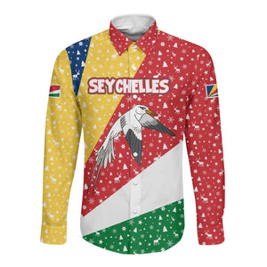 Seychelles Christmas Long Sleeve Button Shirt Flag Colors Tropical Bird Motif and National Coat of Arms - African Pride