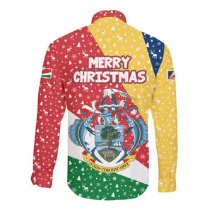 Seychelles Christmas Long Sleeve Button Shirt Flag Colors Tropical Bird Motif and National Coat of Arms - African Pride
