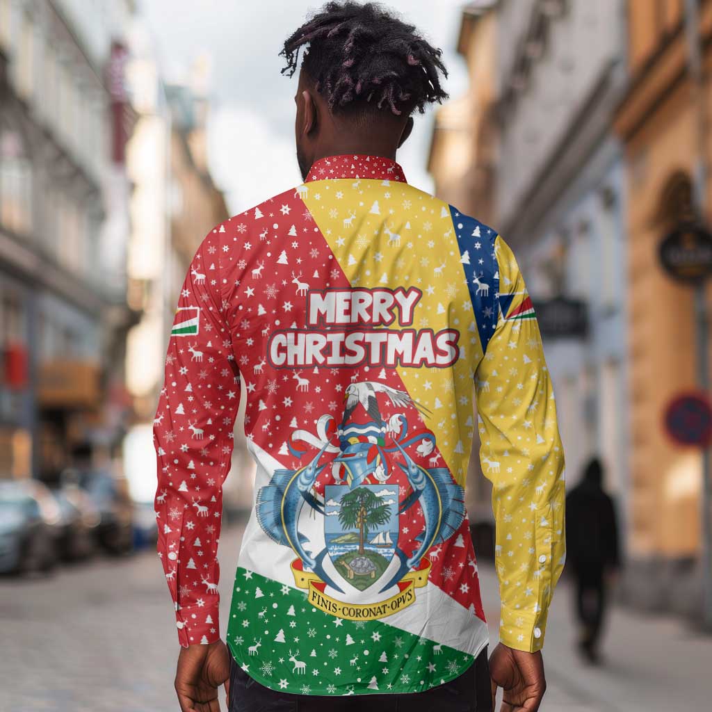 Seychelles Christmas Long Sleeve Button Shirt Flag Colors Tropical Bird Motif and National Coat of Arms - African Pride