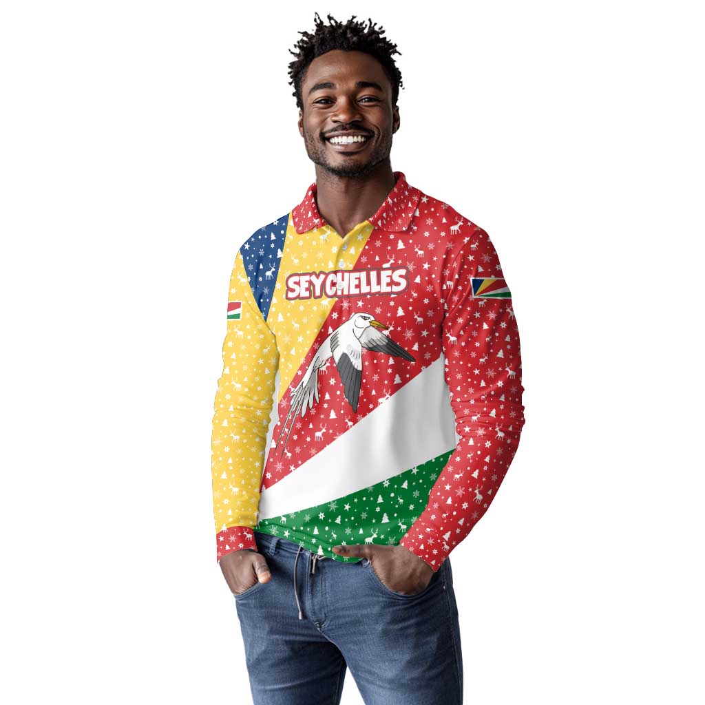 Seychelles Christmas Long Sleeve Polo Shirt Flag Colors Tropical Bird Motif and National Coat of Arms - African Pride