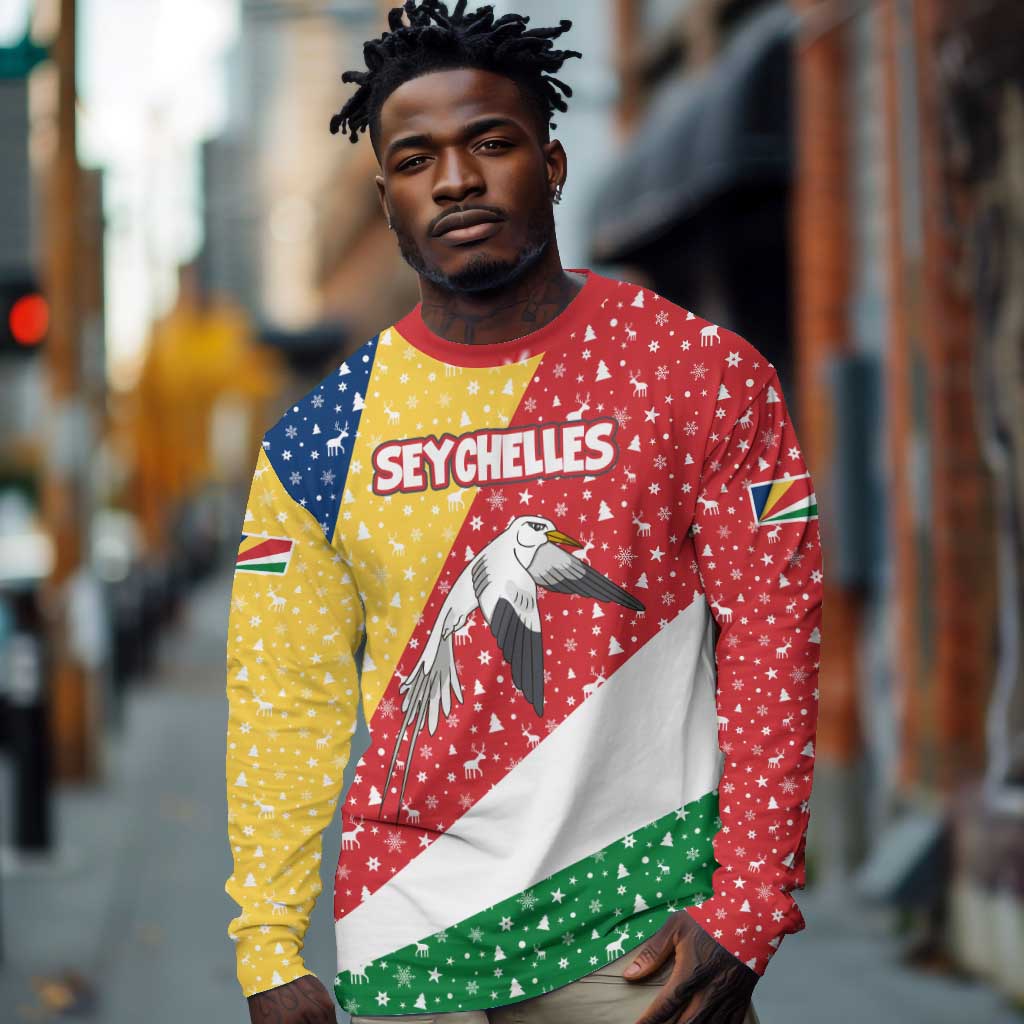 Seychelles Christmas Long Sleeve Shirt Flag Colors Tropical Bird Motif and National Coat of Arms - African Pride