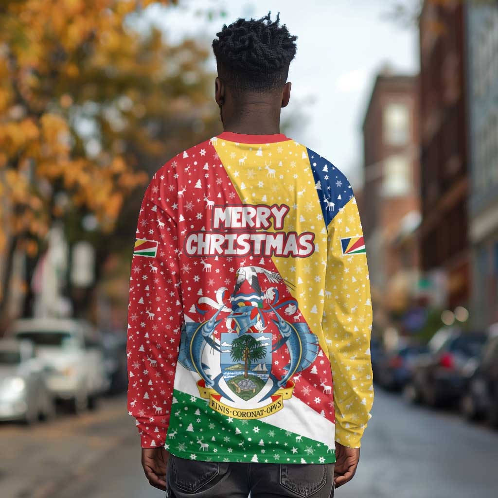 Seychelles Christmas Long Sleeve Shirt Flag Colors Tropical Bird Motif and National Coat of Arms - African Pride