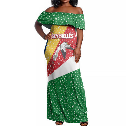 Seychelles Christmas Off Shoulder Maxi Dress Flag Colors Tropical Bird Motif and National Coat of Arms - African Pride