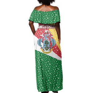 Seychelles Christmas Off Shoulder Maxi Dress Flag Colors Tropical Bird Motif and National Coat of Arms - African Pride