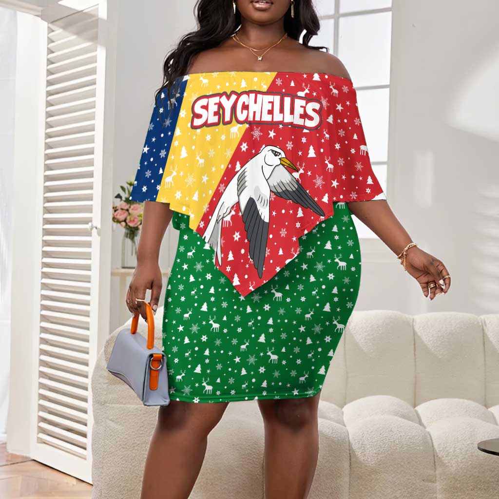 Seychelles Christmas Off Shoulder Short Dress Flag Colors Tropical Bird Motif and National Coat of Arms - African Pride