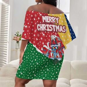 Seychelles Christmas Off Shoulder Short Dress Flag Colors Tropical Bird Motif and National Coat of Arms - African Pride