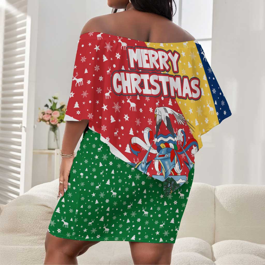 Seychelles Christmas Off Shoulder Short Dress Flag Colors Tropical Bird Motif and National Coat of Arms - African Pride