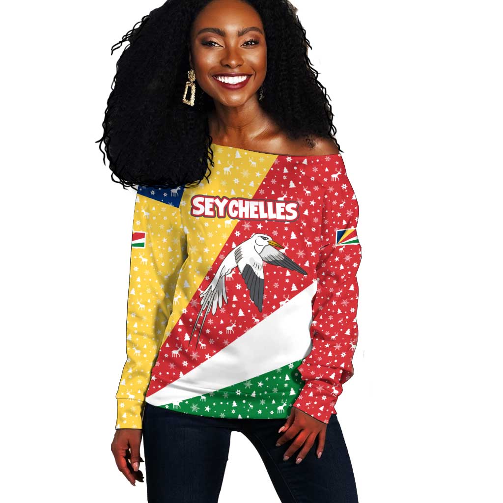 Seychelles Christmas Off Shoulder Sweater Flag Colors Tropical Bird Motif and National Coat of Arms - African Pride