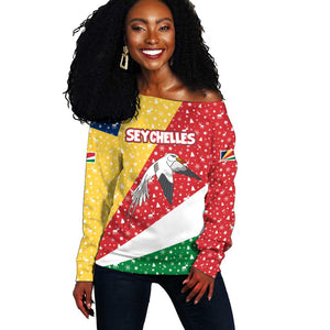 Seychelles Christmas Off Shoulder Sweater Flag Colors Tropical Bird Motif and National Coat of Arms - African Pride