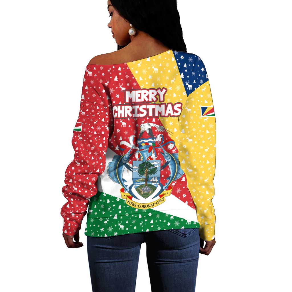 Seychelles Christmas Off Shoulder Sweater Flag Colors Tropical Bird Motif and National Coat of Arms - African Pride
