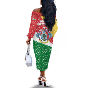 Seychelles Christmas Off The Shoulder Long Sleeve Dress Flag Colors Tropical Bird Motif and National Coat of Arms - African Pride