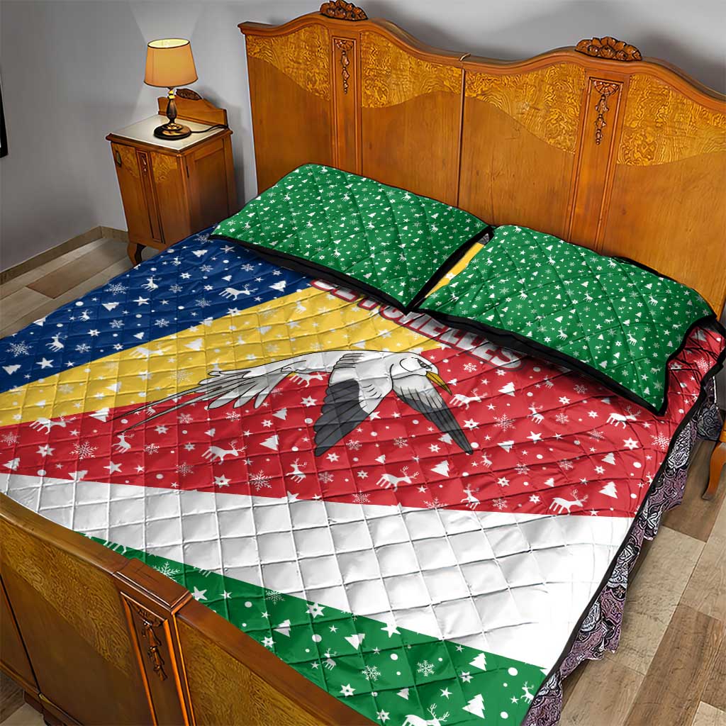 Seychelles Christmas Quilt Bed Set Flag Colors Tropical Bird Motif and National Coat of Arms - African Pride