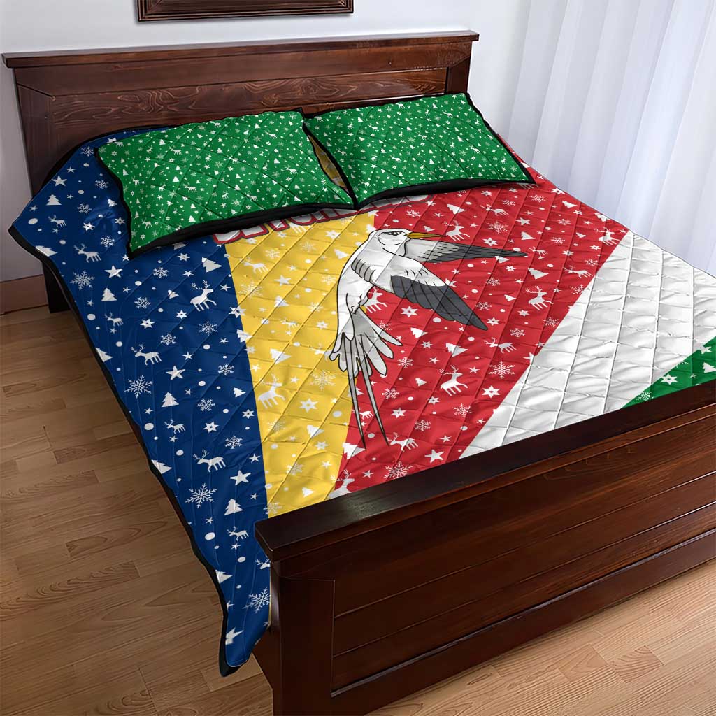 Seychelles Christmas Quilt Bed Set Flag Colors Tropical Bird Motif and National Coat of Arms - African Pride