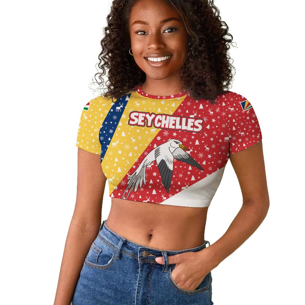 Seychelles Christmas Raglan Cropped T shirt Flag Colors Tropical Bird Motif and National Coat of Arms - African Pride