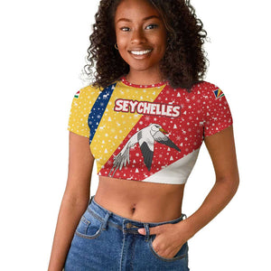 Seychelles Christmas Raglan Cropped T shirt Flag Colors Tropical Bird Motif and National Coat of Arms - African Pride