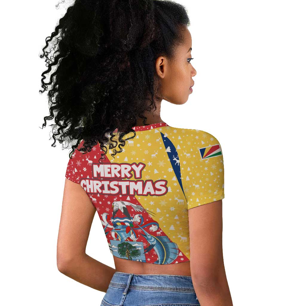 Seychelles Christmas Raglan Cropped T shirt Flag Colors Tropical Bird Motif and National Coat of Arms - African Pride
