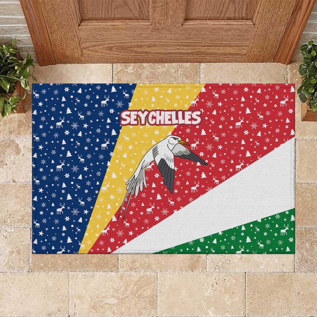 Seychelles Christmas Rubber Doormat Flag Colors Tropical Bird Motif and National Coat of Arms - African Pride