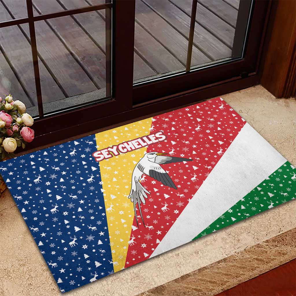Seychelles Christmas Rubber Doormat Flag Colors Tropical Bird Motif and National Coat of Arms - African Pride