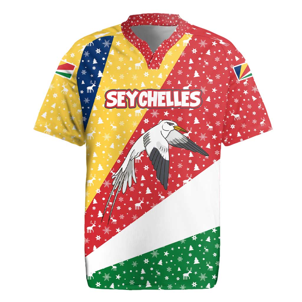 Seychelles Christmas Rugby Jersey Flag Colors Tropical Bird Motif and National Coat of Arms - African Pride