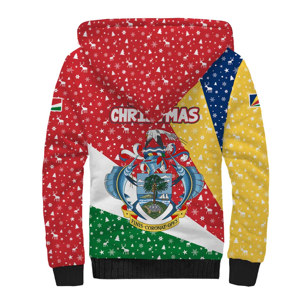 Seychelles Christmas Sherpa Hoodie Flag Colors Tropical Bird Motif and National Coat of Arms - African Pride