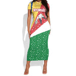 Seychelles Christmas Short Sleeve Bodycon Dress Flag Colors Tropical Bird Motif and National Coat of Arms - African Pride