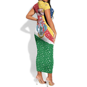 Seychelles Christmas Short Sleeve Bodycon Dress Flag Colors Tropical Bird Motif and National Coat of Arms - African Pride