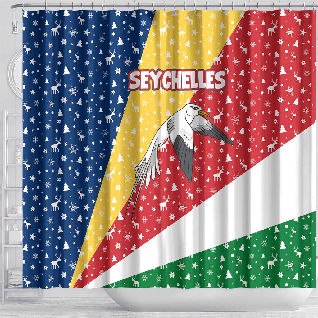 Seychelles Christmas Shower Curtain Flag Colors Tropical Bird Motif and National Coat of Arms - African Pride