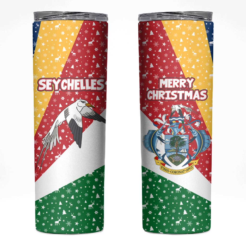 Seychelles Christmas Skinny Tumbler Flag Colors Tropical Bird Motif and National Coat of Arms - African Pride