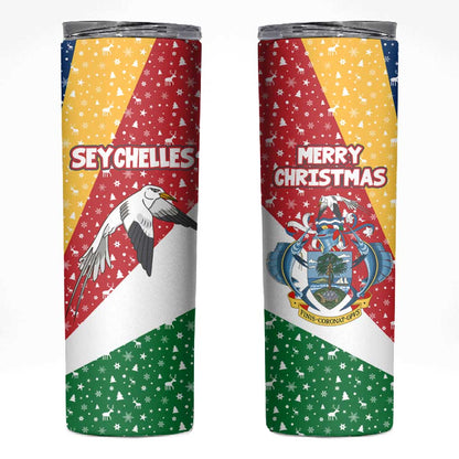 Seychelles Christmas Skinny Tumbler Flag Colors Tropical Bird Motif and National Coat of Arms - African Pride