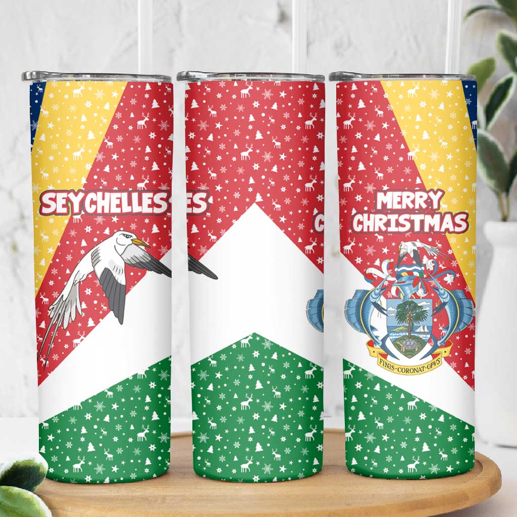 Seychelles Christmas Skinny Tumbler Flag Colors Tropical Bird Motif and National Coat of Arms - African Pride