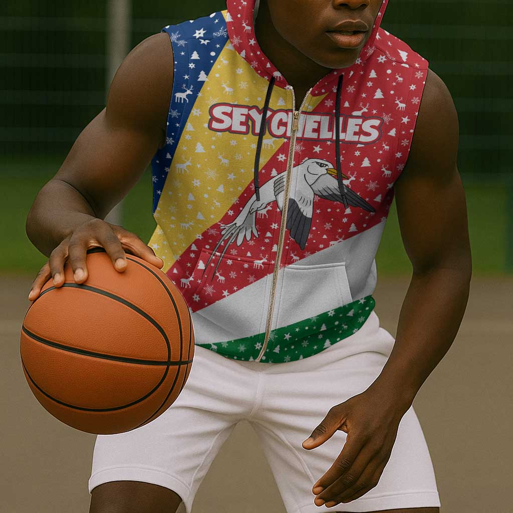 Seychelles Christmas Sleeveless Zip Hoodie Flag Colors Tropical Bird Motif and National Coat of Arms - African Pride