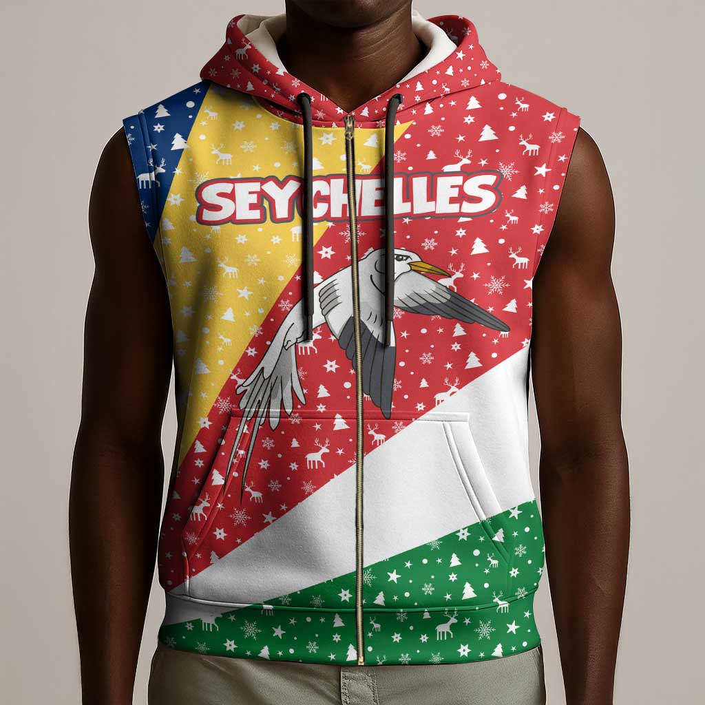 Seychelles Christmas Sleeveless Zip Hoodie Flag Colors Tropical Bird Motif and National Coat of Arms - African Pride
