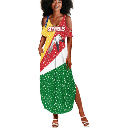 Seychelles Christmas Summer Maxi Dress Flag Colors Tropical Bird Motif and National Coat of Arms - African Pride