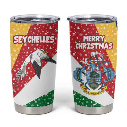 Seychelles Christmas Tumbler Cup Flag Colors Tropical Bird Motif and National Coat of Arms - African Pride
