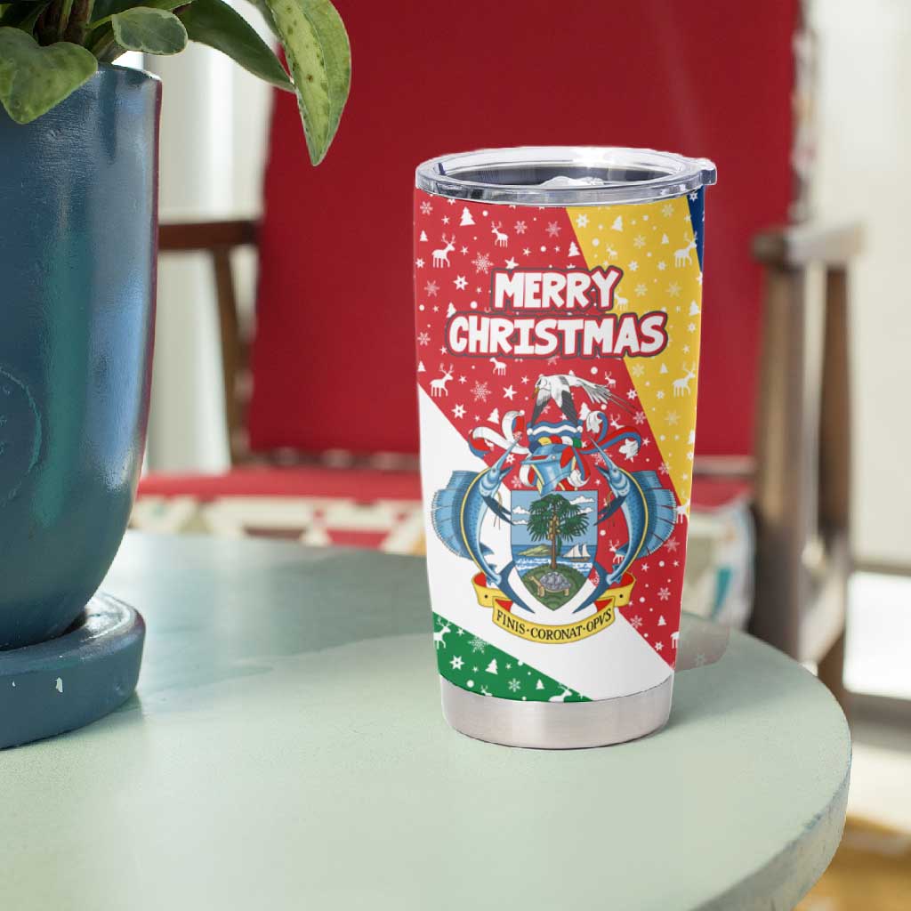 Seychelles Christmas Tumbler Cup Flag Colors Tropical Bird Motif and National Coat of Arms - African Pride