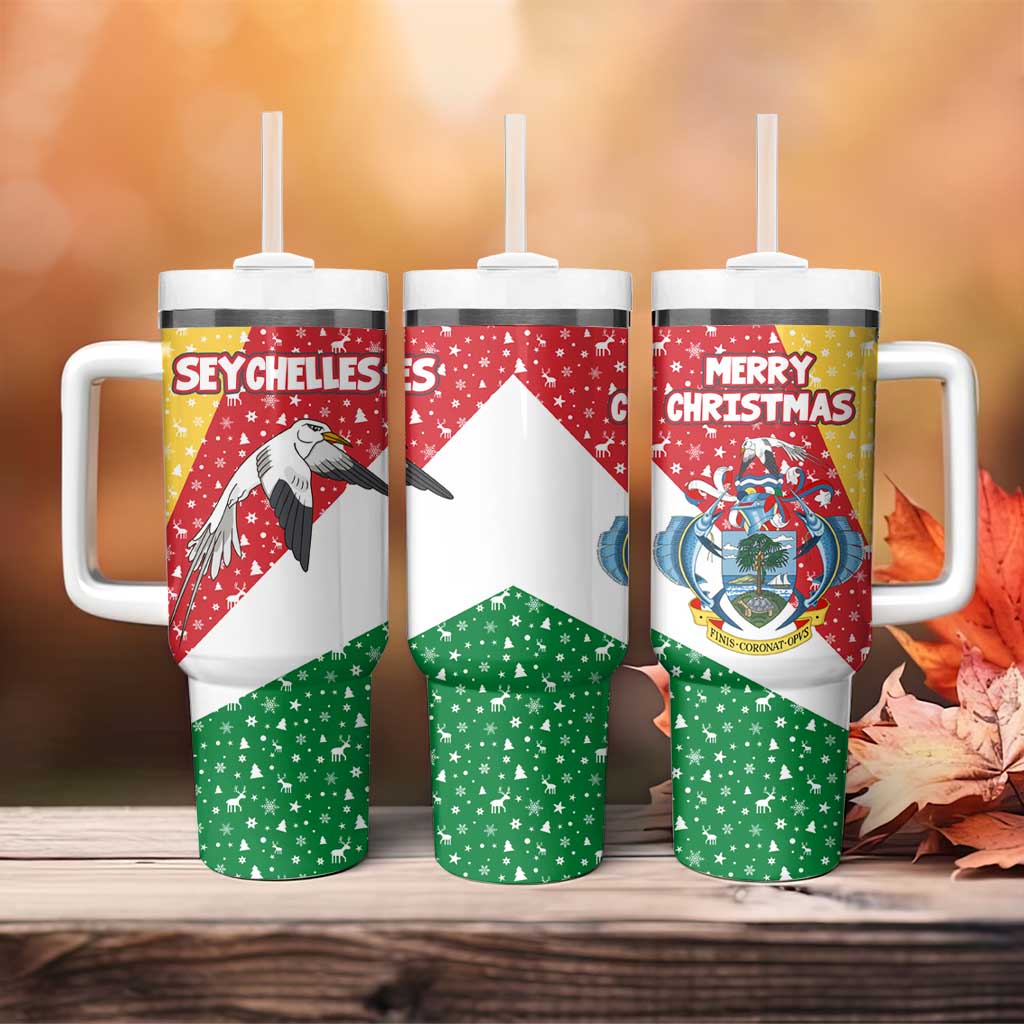 Seychelles Christmas Tumbler With Handle Flag Colors Tropical Bird Motif and National Coat of Arms - African Pride