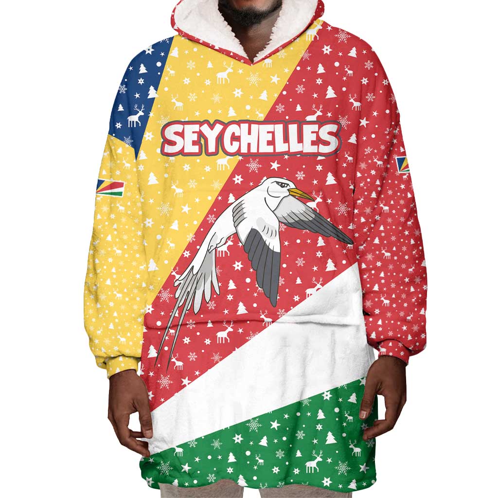 Seychelles Christmas Wearable Blanket Hoodie Flag Colors Tropical Bird Motif and National Coat of Arms - African Pride