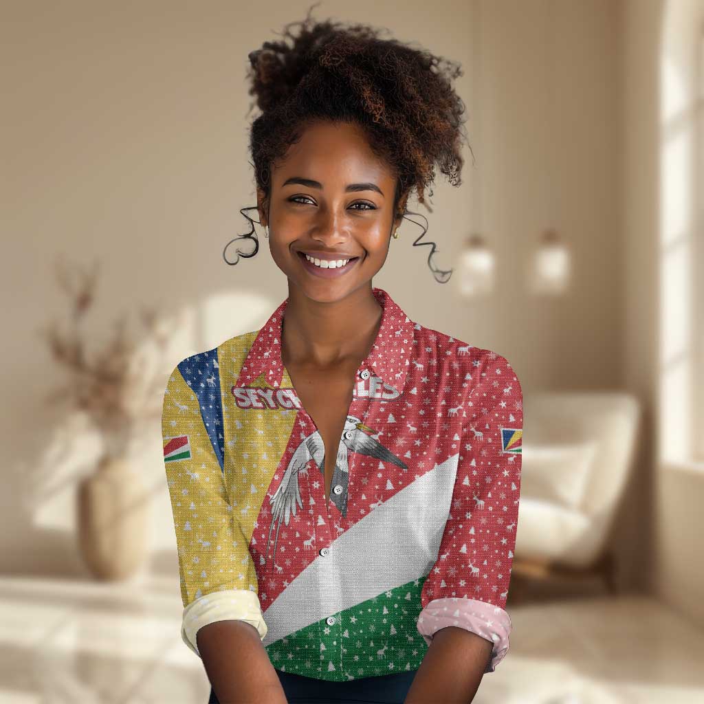 Seychelles Christmas Women Casual Shirt Flag Colors Tropical Bird Motif and National Coat of Arms - African Pride
