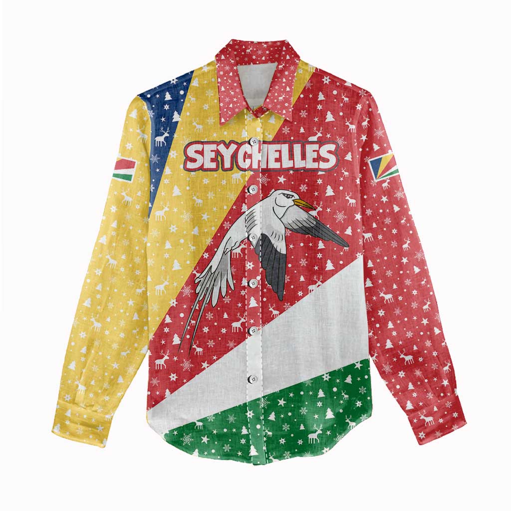 Seychelles Christmas Women Casual Shirt Flag Colors Tropical Bird Motif and National Coat of Arms - African Pride