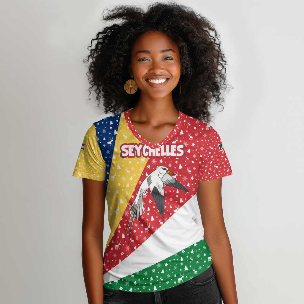 Seychelles Christmas Women V-Neck T-Shirt Flag Colors Tropical Bird Motif and National Coat of Arms - African Pride