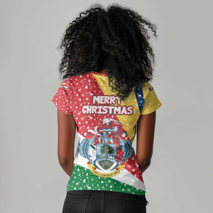 Seychelles Christmas Women V-Neck T-Shirt Flag Colors Tropical Bird Motif and National Coat of Arms - African Pride