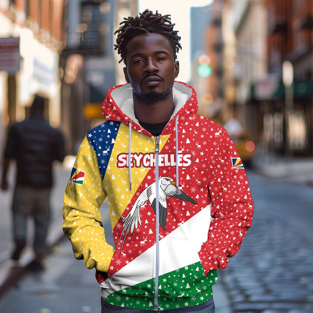Seychelles Christmas Zip Hoodie Flag Colors Tropical Bird Motif and National Coat of Arms - African Pride